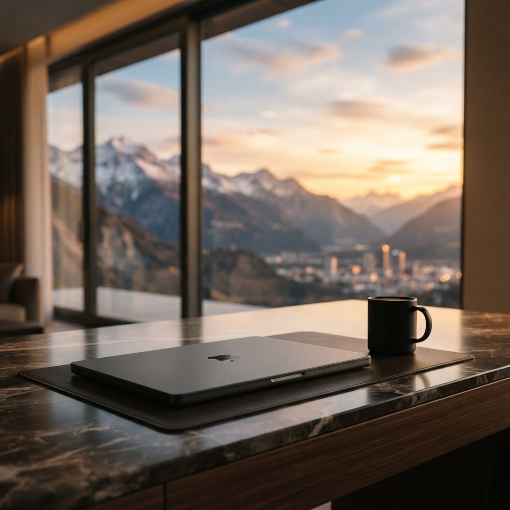 A laptop and coffee on a desk overlooking a mountain range and city skyline at sunset
