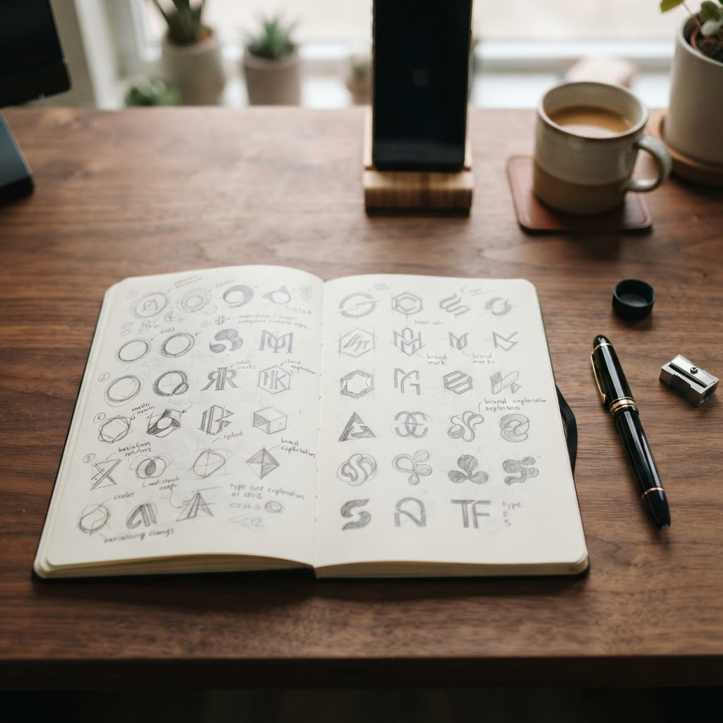 A sketchbook with hand-drawn logo and brand concepts