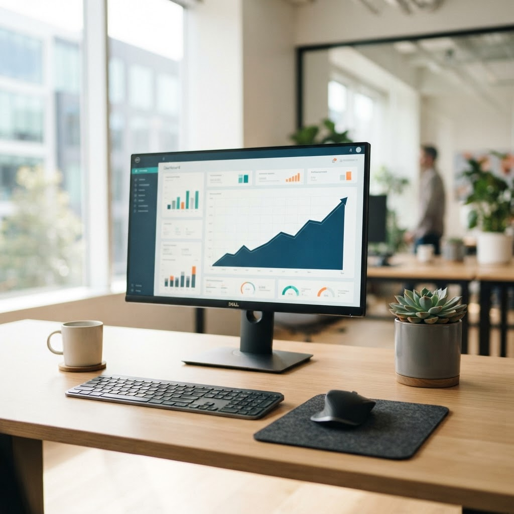 A monitor displaying an advertising performance dashboard