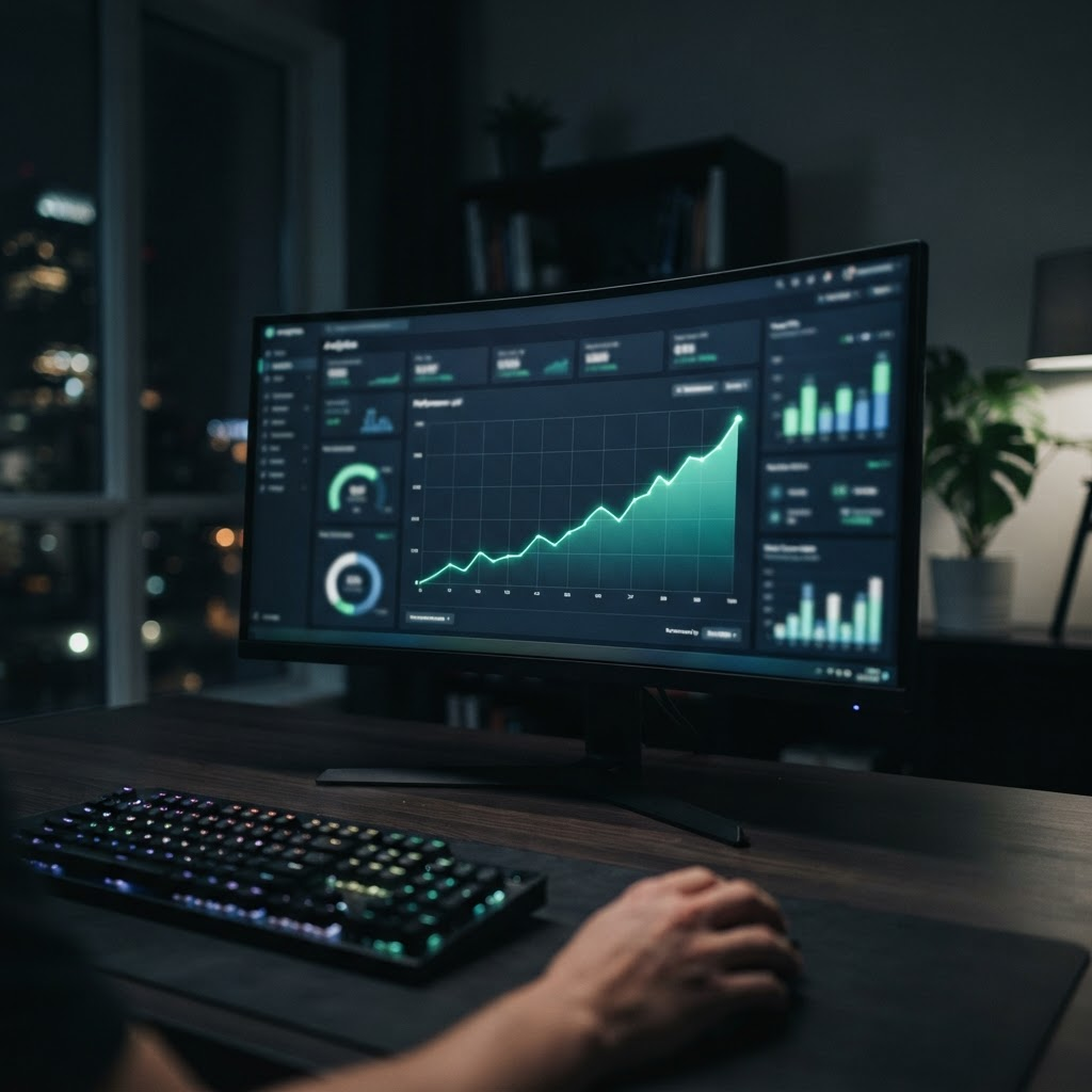A monitor showing an upward-trending performance graph